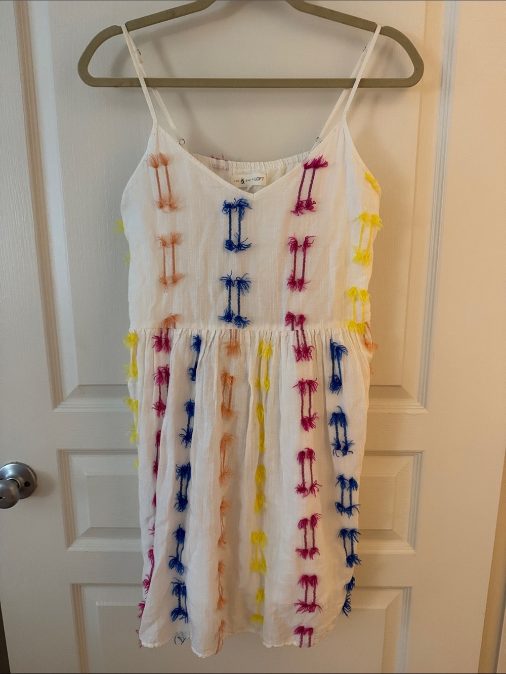 LOFT White Spaghetti-Strap Dress with Blue, Pink, Yellow, Orange Tassels